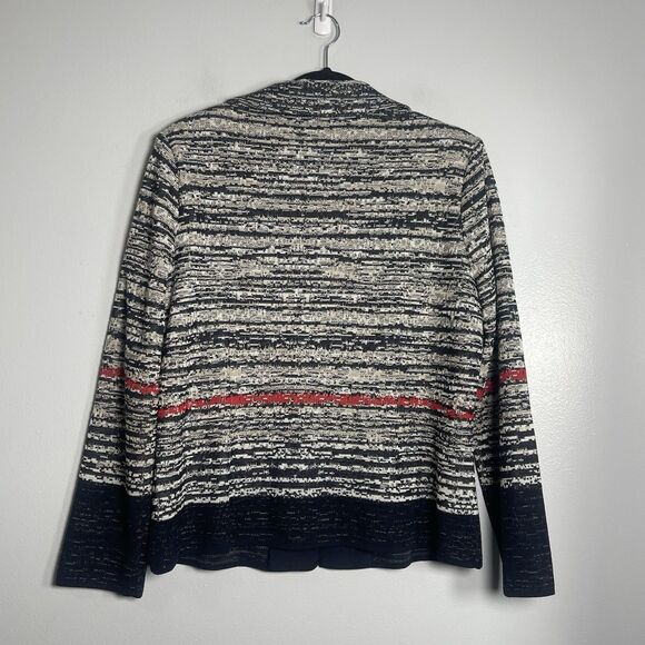 MING WANG Jacket Cardigan Size Large Navy Blue Cream Knit Clasp Closure Work - Picture 3 of 7